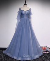 A line Blue Long Evening Prom Dresses, Blue Evening Graduation Dresses with Beading