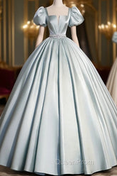 A-Line Blue Satin Long Evening Prom Dresses, Blue Long Evening Dresses