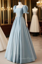 A-Line Blue Satin Puffy Sleeve Long Evening Prom Dresses, Blue Evening Dresses