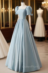A-Line Blue Satin Puffy Sleeve Long Evening Prom Dresses, Blue Evening Dresses