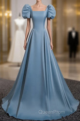 A-Line Blue Satin Short Sleeves Long Party Dresses, Blue Short Sleeves Evening Prom Dresses