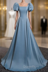 A-Line Blue Satin Short Sleeves Long Party Dresses, Blue Short Sleeves Evening Prom Dresses