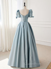 A-Line Blue Satin Short Sleevs Long Formal Dresses, Blue Simple Floor Length Evening Prom Dresses