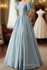 A-Line Blue Satin Short Sleevs Long Formal Dresses, Blue Simple Floor Length Evening Prom Dresses