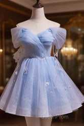 A-Line Blue Short Off Shoulder Knee Length Homecoming Dresses, Blue Short Evening Prom Dresses