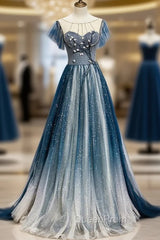 A-Line Blue Tulle Beading Backless Evening Prom Dresses