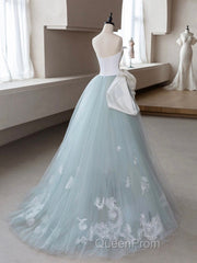 A-Line Blue Tulle Lace Applique Long Evening Prom Dresses, Blue Long Formal Dresses