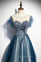 A-line Blue Tulle Long Beaded Evening Prom Dresses, A-Line Evening Dresses