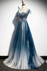 A-line Blue Tulle Long Beaded Evening Prom Dresses, A-Line Evening Dresses
