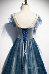 A-line Blue Tulle Long Beaded Evening Prom Dresses, A-Line Evening Dresses
