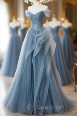 A-Line Blue Tulle Long Party Dresses With Lace, Off Shoulder Tulle Evening Prom Dresses