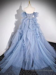 A-line Blue Tulle Long Prom Dress, Blue Long Evening Dress