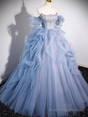 A-line Blue Tulle Long Prom Dress, Blue Long Evening Dress