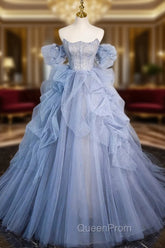 A-line Blue Tulle Long Evening Prom Dresses, Blue Long Evening Dresses