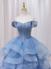 A-Line Blue Tulle Long Prom Dress, Blue Sweet 16 Dress