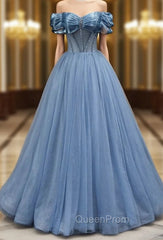 A-line Blue Tulle Off the Shoulder Beading Pleats Evening Prom Dresses