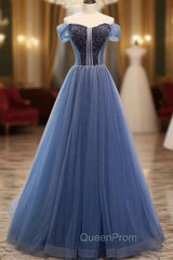 A-Line Blue Tulle Off the Shoulder Beading Evening Prom Dresses