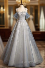 A-line Blue Tulle Sequins Spaghetti Straps Evening Prom Dresses