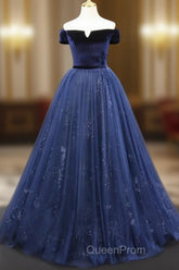 A-Line Blue Tulle Velvet Long Evening Prom Dresses, Blue Formal Evening Dresses
