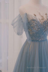 A-line Blue with Lace Applique Party Dress, Long Blue Formal Dress Prom Dress