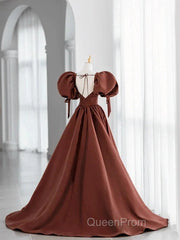 A-Line Brown Satin Ball Gown Short Sleeves Long Party Dresses V-Neckline Evening Prom Dresses