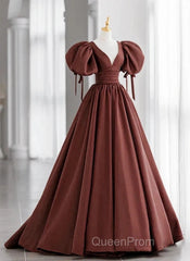 A-Line Brown Satin Ball Gown Short Sleeves Long Party Dresses V-Neckline Evening Prom Dresses