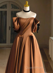 A-Line Brown Satin Off Shoulder Scoop Long Evening Prom Dresses, Satin Evening Dresses