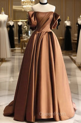 A-Line Brown Satin Off Shoulder Scoop Long Evening Prom Dresses, Satin Evening Dresses