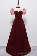 A line Burgundy Evening Party Dress Velvet Long Prom Dress