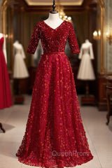 A-Line Burgundy Lace Sequins V-neck Short Sleeve Evening Prom Dresses