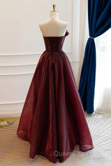 A-Line Burgundy Organza Burgundy Long Evening Prom Dresses, Burgundy Long Evening Dresses