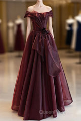 A-Line Burgundy Organza Burgundy Long Evening Prom Dresses, Burgundy Long Evening Dresses