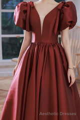 A line Burgundy Party Dresses Long Satin Prom Dresses