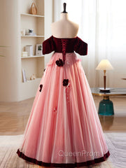 A-Line Burgundy/Pink Tulle Velvet Long Evening Prom Dresses, Burgundy Evening Dresses