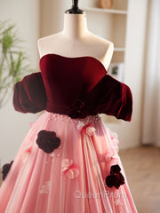 A-Line Burgundy/Pink Tulle Velvet Long Evening Prom Dresses, Burgundy Evening Dresses