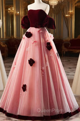A-Line Burgundy/Pink Tulle Velvet Long Evening Prom Dresses, Burgundy Evening Dresses