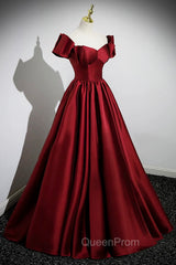 A-Line Burgundy Satin Floor Length Evening Prom Dresses, Off the Shoulder New Party Dresses
