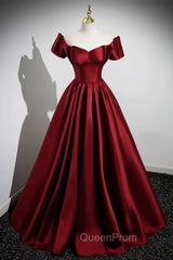 A-Line Burgundy Satin Floor Length Evening Prom Dresses, Off the Shoulder New Party Dresses