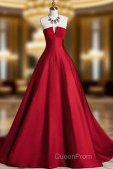 A-Line Burgundy Satin Long Evening Prom Dresses, Burgundy Long Formal Dresses