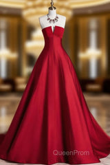 A-Line Burgundy Satin Long Evening Prom Dresses, Burgundy Long Formal Dresses