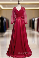 A-Line Burgundy Satin Long Sleeve V-neck Evening Prom Dresses
