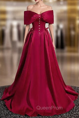 A-Line Burgundy Satin Off the Shoulder Pearls Evening Prom Dresses