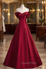 A-Line Burgundy Satin Off the Shoulder Pleats Evening Prom Dresses
