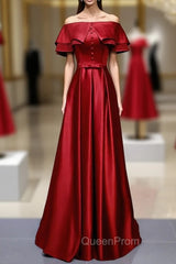 A-Line Burgundy Satin Off the Shoulder Evening Prom Dresses With Button