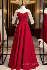 A-Line Burgundy Satin Short Sleeve Appliques Evening Prom Dresses