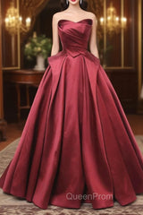 A-Line Burgundy Satin Strapless Pleats Evening Prom Dresses
