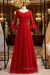 A-Line Burgundy Satin Tulle Half Sleeve Simple Evening Prom Dresses