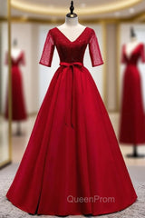 A-Line Burgundy Satin V-neck Short Sleeve Sequins Evening Prom Dresses