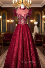 A-Line Burgundy Sequins High Neck Beading Crystal Evening Prom Dresses