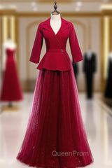 A-Line Burgundy Tulle 3/4 Sleeve V-neck Evening Prom Dresses